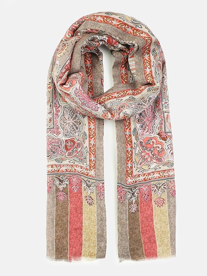 Wool Kalamkari Printed Shawl Neutral Two-Tone